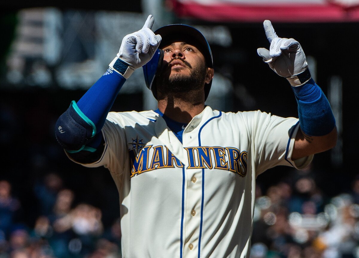 Catcher Omar Narvaez reacts after hitting a three-run home run in the third running. The Seattle Mariners played the Boston Red Sox in a Major League Baseball Game at T-Mobile Park in Seattle, Wash., on Sunday, March 31, 2019.