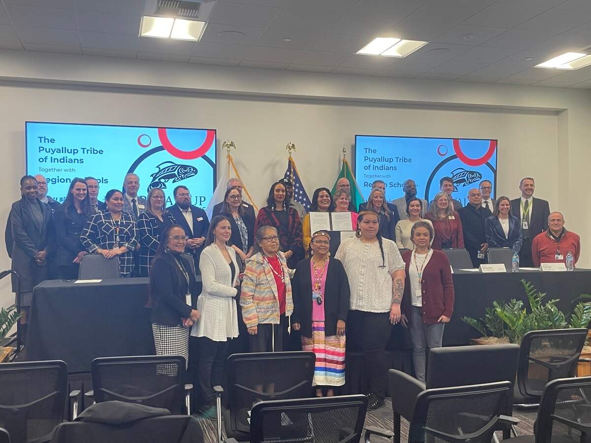 Representatives from 13 school districts in Pierce County and King County signed a memorandum of understanding with the Puyallup Tribe of Indians on March 28, 2025 to better educate students about the history and culture of local Native American tribes.