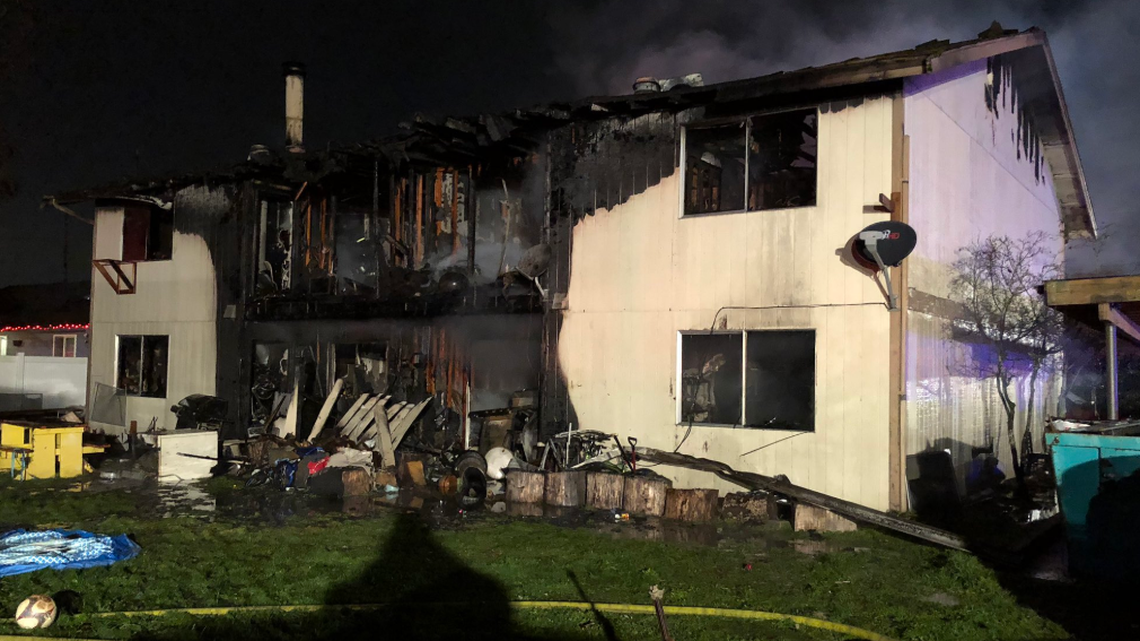 The four-plex apartment building at Elm Street and Valley Avenue in Sumner was heavily damaged in a fire Saturday morning.