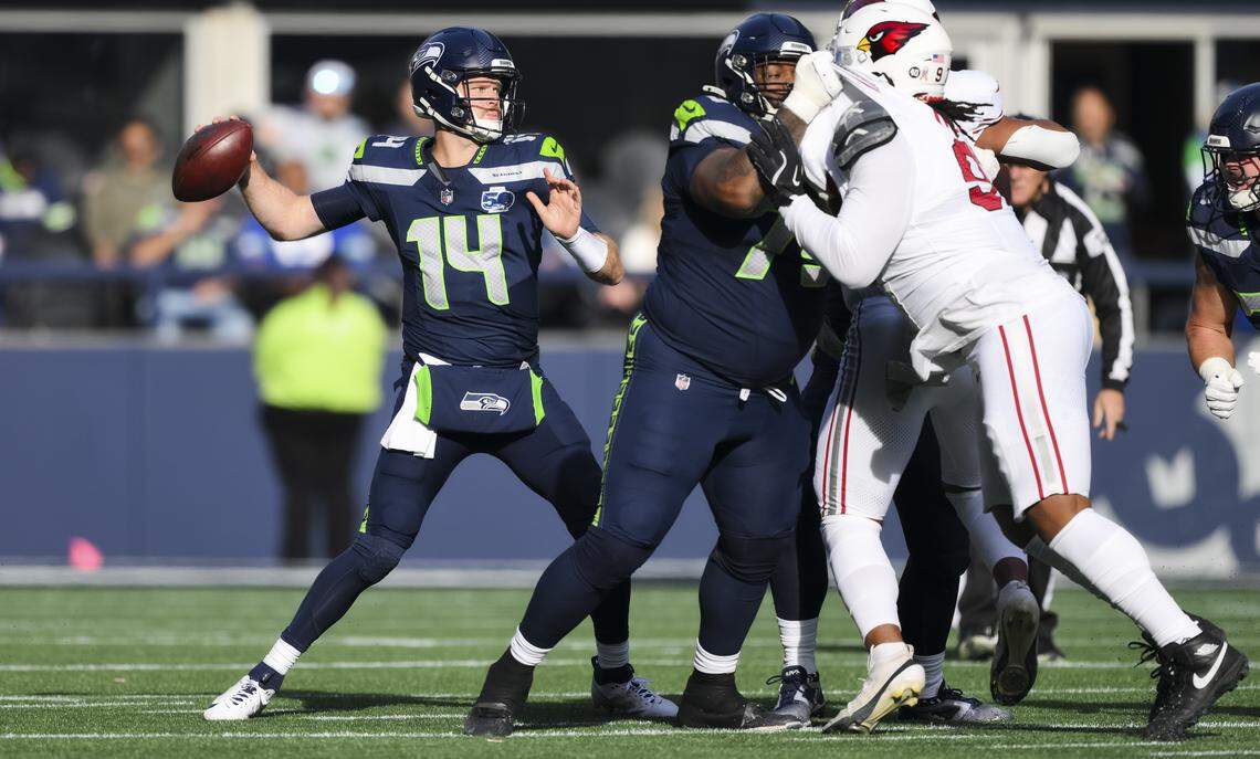Seattle Seahawks quarterback Sam Darnold (14) passes during the first quarter of the game against the Arizona Cardinals at Lumen Field, on Sunday, Nov. 9, 2025, in Seattle.