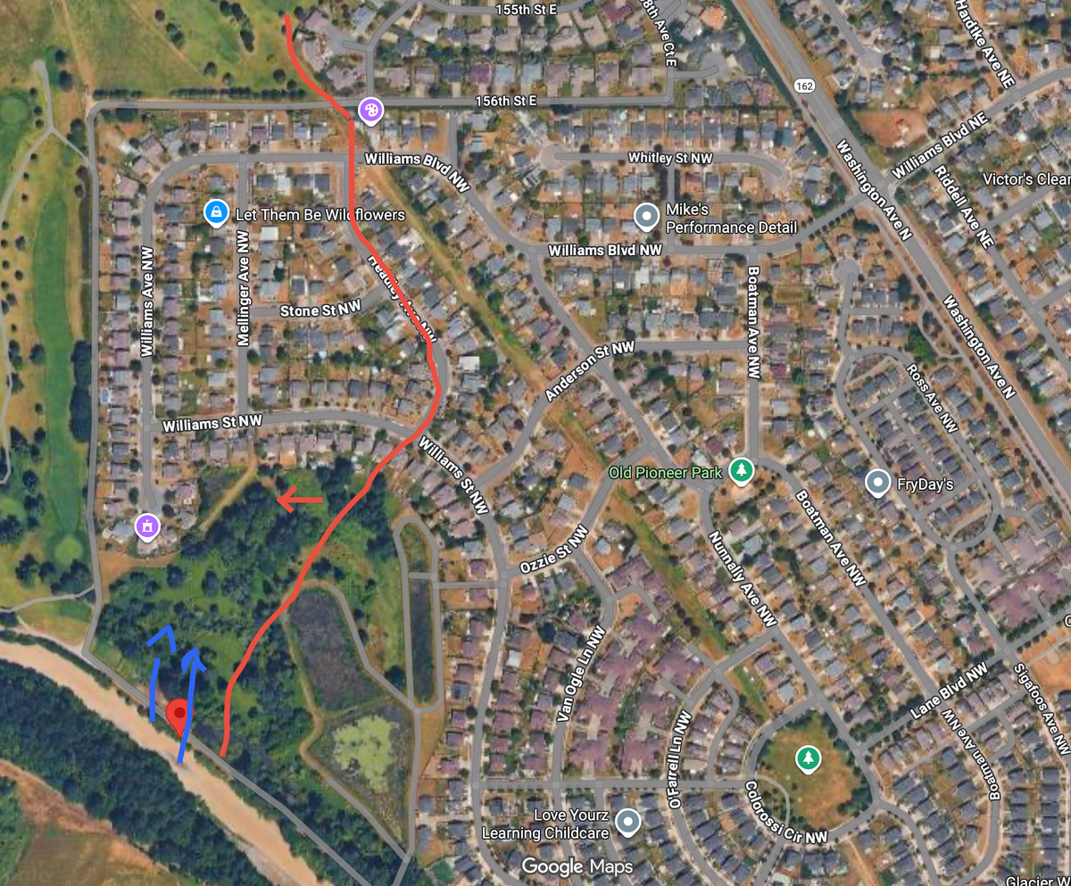 A picture that Josh Penner, mayor of Orting, sent The News Tribune on Dec. 10, 2025. The area to the left of the red line is the area of evacuation. The red dot is one of the areas of overflow.