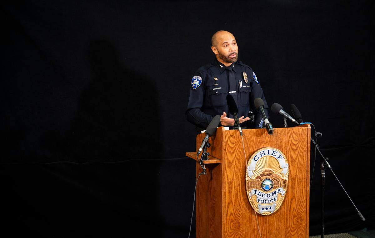 Detective William Muse, Tacoma Police Department Public Information Officer, gies and update and brief during a press conference on the stabbing that took place on Feb. 10 at Point Defiance Park, at Tacoma Police Department headquarters, on Wednesday, Feb. 21, 2024 in Tacoma, Washington.