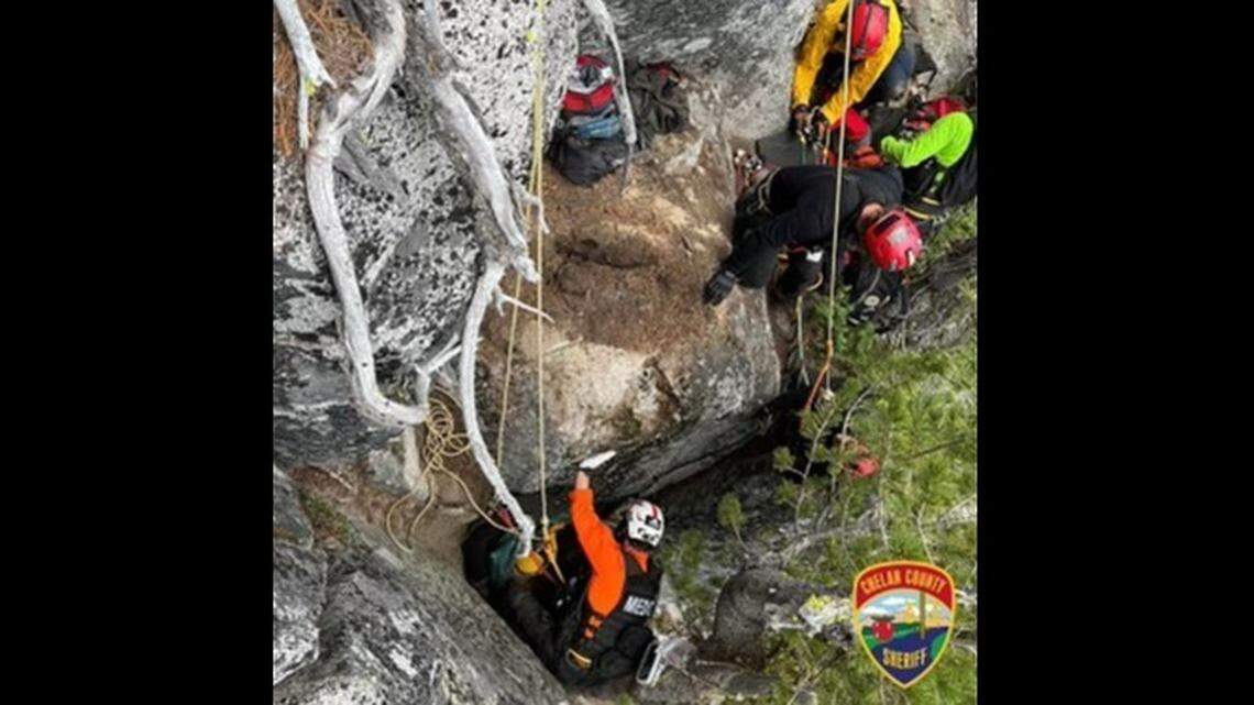 A hiker was rescued after being pinned by a refrigerator-sized boulder for hours, Washington authorities said. 