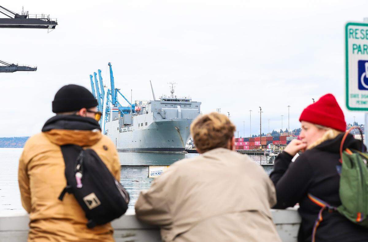 Protesters stand on the pier at the Port of Tacoma watching the MV Cape Orlando, a ship that protesters believe is transporting weapons and equipment to Israel, on Monday, November 6, 2023.
