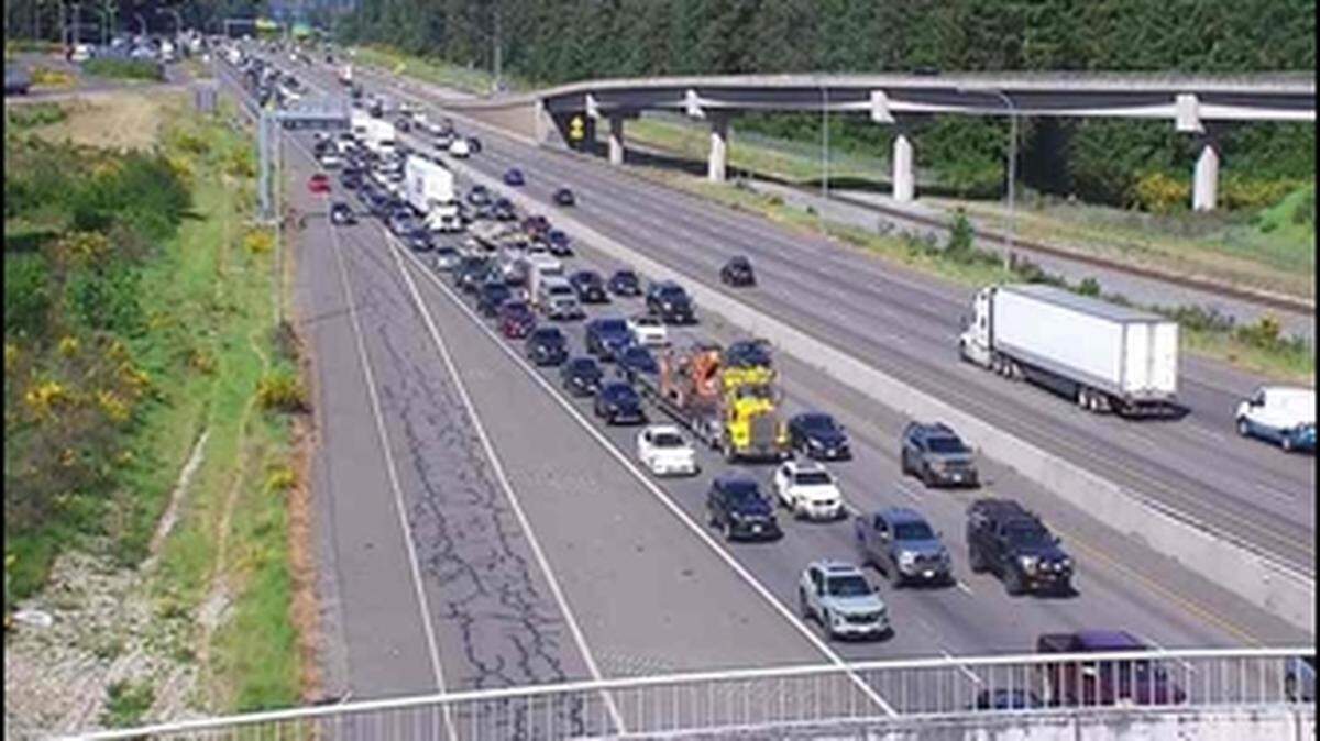 Traffic is backed up after a 9:05 a.m. collision on Interstate 5 northbound in DuPont, Wash. on May 21, 2026.