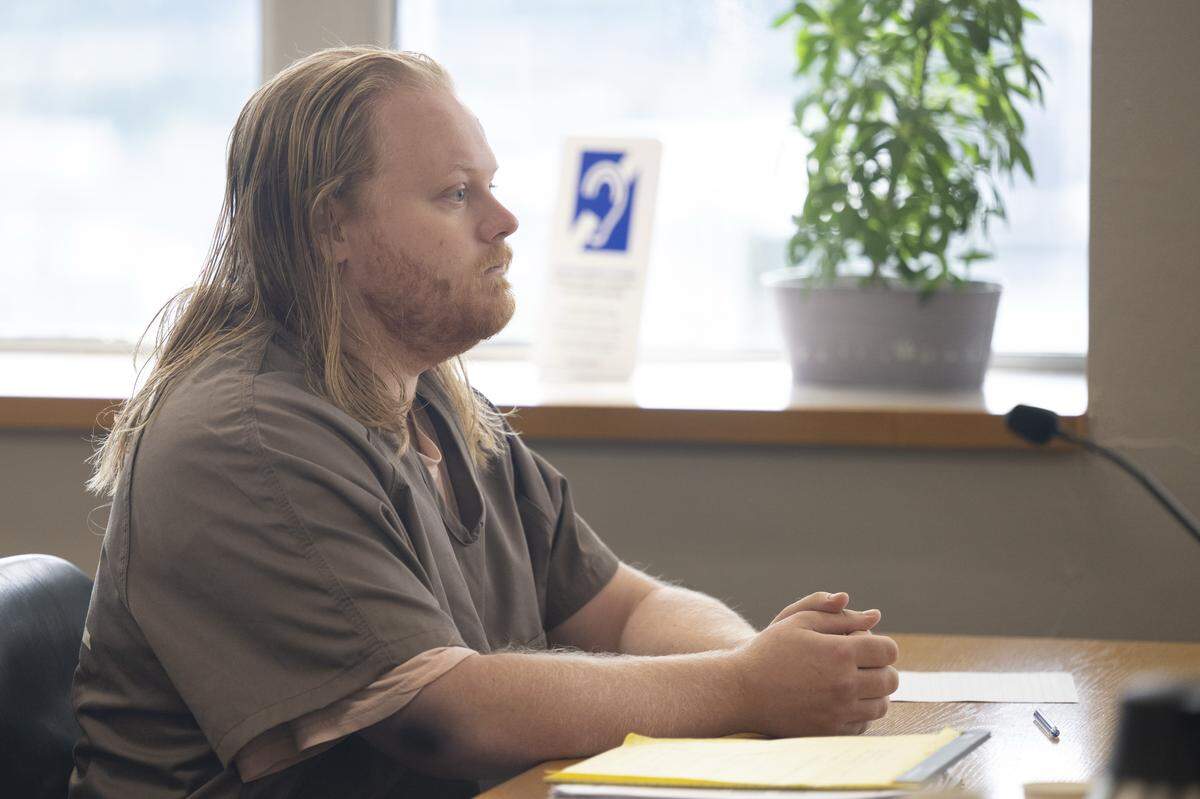 Lars Nelson, 30, sits in court for his sentencing on Thursday, June 4, 2026, at Pierce County Superior Court in Tacoma, Wash. Nelson pleaded guilty in April to second-degree murder for fatally shooting 27-year-old Sophie Tinney on April 20, 2025 in a Fox Island home.