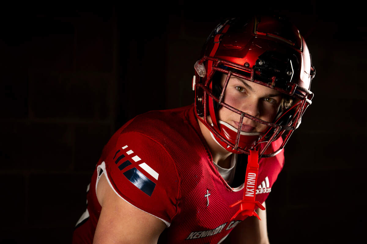 Kennedy Catholic sophomore defensive end Derek Colman-Brusa poses for a portrait after being selected as first-team defense for The News Tribune’s 2023 All-Area football team at Mount Tahoma High School, on Sunday, Dec. 10, 2023, in Tacoma, Wash.