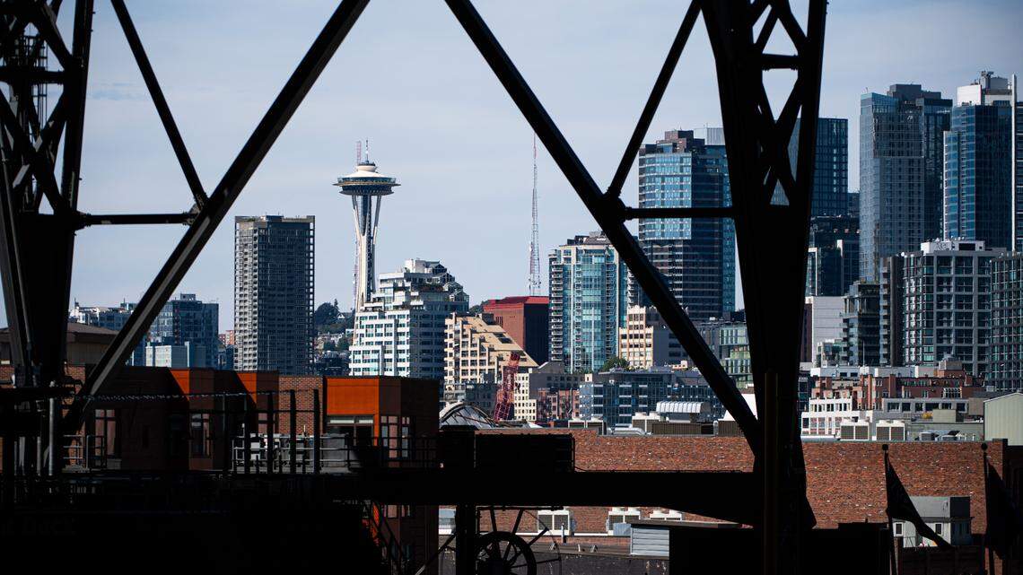 The Seattle skyline is seen from inside T-Mobile Park.