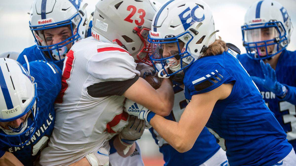After a muffed punt, a slew of Eatonville special team players team up to tackle Riverside’s Jordan Nortz during the second quarter of a State 1A quarterfinal game on Saturday afternoon at Art Crate Field in Spanaway. A face-mask penalty was called on Eatonville on the play.