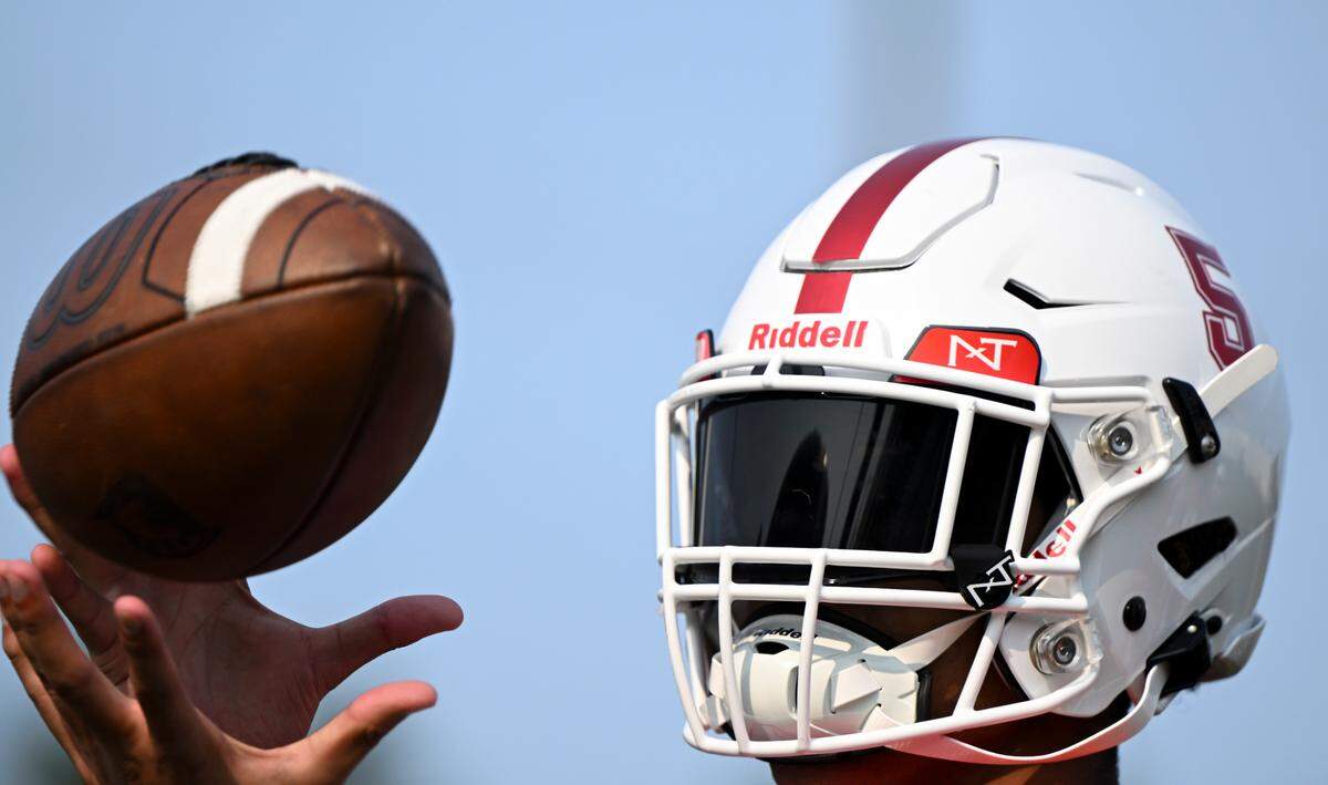 Steilacoom’s Jaydus Green catches a pass during a practice at Steilacoom High School, Wednesday, Aug. 23, 2023, in Steilacoom, Wash.