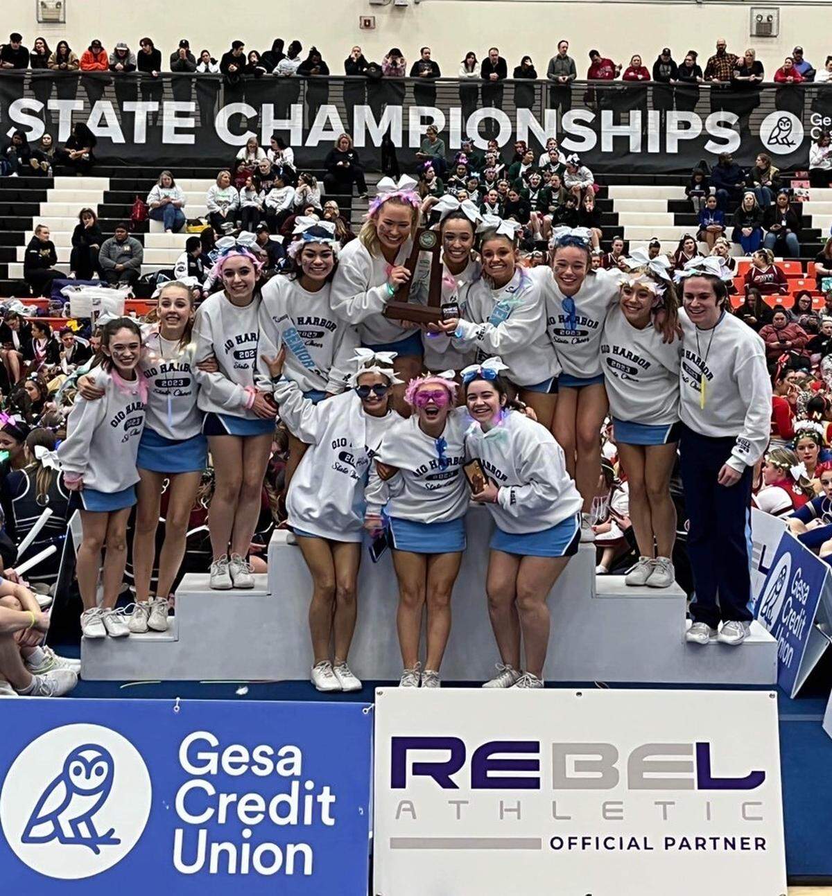 The Gig Harbor High School cheer team takes home a state trophy.&nbsp;