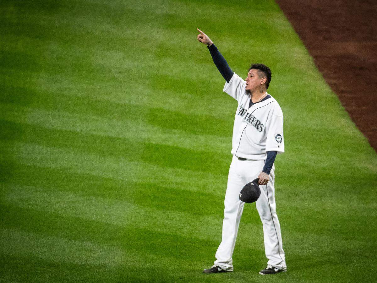 Felix Hernandez points toward King’s Court as he is pulled from the game in the sixth inning. The Seattle Mariners played the Oakland Athletics in a MLB baseball game at T-Mobile Park in Seattle, Wash., on Thursday, Sept. 26, 2019. 