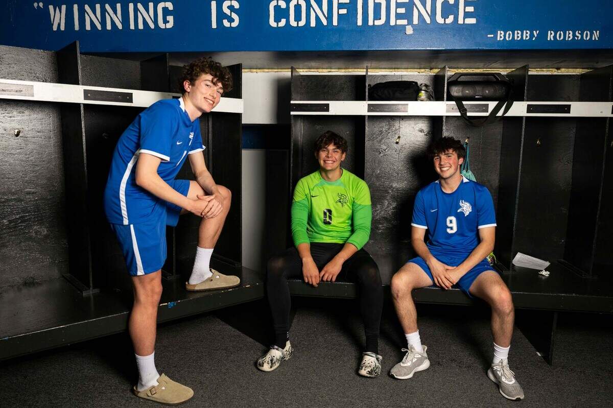 Curtis soccer players Landon Lee, Manny Zuniga and Ethan Bell pose for a portrait at Curtis High School, on Tuesday, April 23, 2024, in University Place, Wash.
