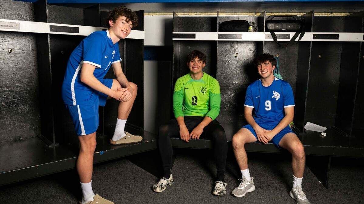 Curtis soccer players Landon Lee, Manny Zuniga and Ethan Bell pose for a portrait at Curtis High School, on Tuesday, April 23, 2024, in University Place, Wash.