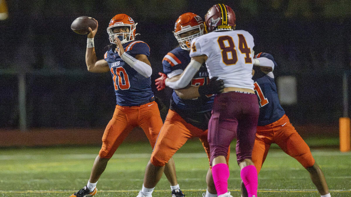 Lakes quarterback Jadis Lefono (10) prepares to throw the ball during a game against Capital on Friday, Oct. 24, 2025, in Lakewood, Wash.