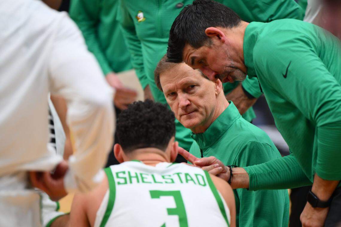 Mar 21, 2025; Seattle, WA, USA; Oregon Ducks head coach Dana Altman during the first half in the first round of the NCAA Tournament at Climate Pledge Arena. Mandatory Credit: Steven Bisig-Imagn Images