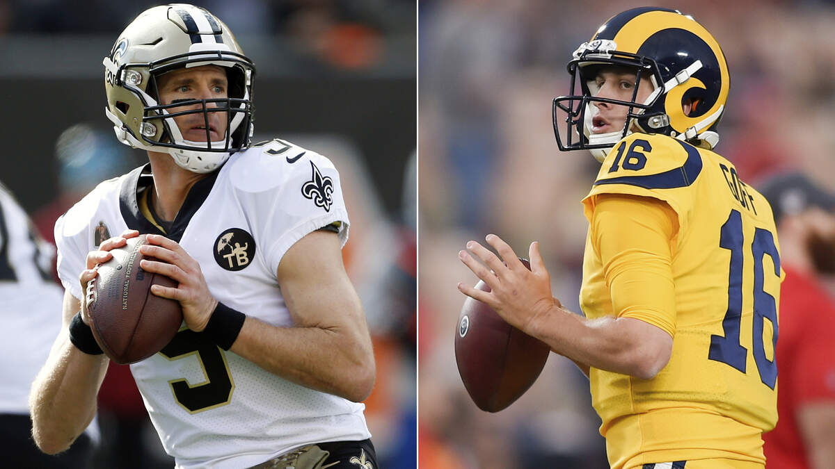 FILE - At left, in a Nov. 11, 2018, file photo, New Orleans Saints quarterback Drew Brees looks to pass in the first half of an NFL football game against the Cincinnati Bengals in Cincinnati. At right, in a Nov. 19, 2018, file photo, Los Angeles Rams quarterback Jared Goff warms up before an NFL football game against the Kansas City Chiefs in Los Angeles. The Rams and Saints will play in the NFC conference championship on Sunday, Jan. 20, in New Orleans. (AP Photo/File)