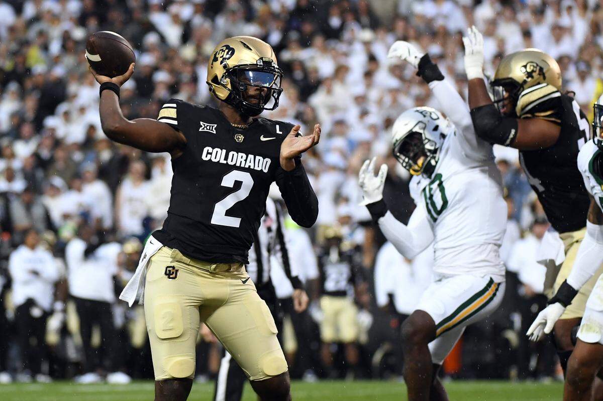 Sep 21, 2024; Boulder, Colorado, USA; Colorado Buffaloes quarterback Shedeur Sanders (2) attempts a pass during the first half against the Baylor Bears at Folsom Field. Mandatory Credit: Christopher Hanewinckel-Imagn Images