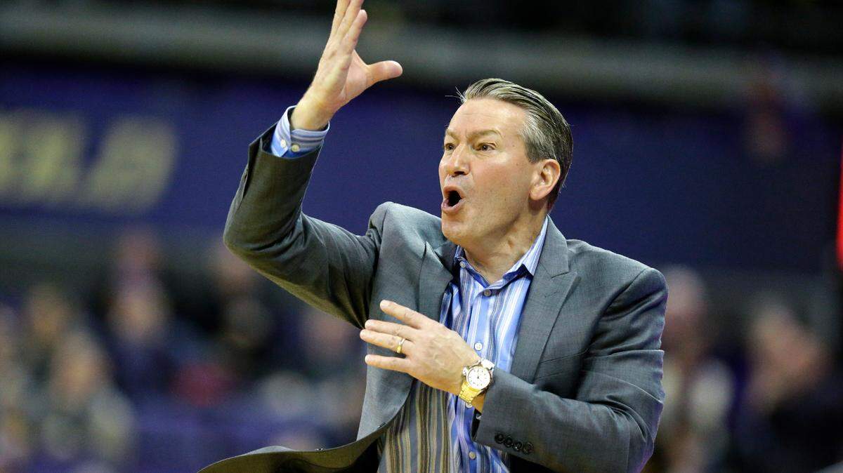 Cal Poly head coach Joe Callero gestures to his team in the second half of an NCAA college basketball game against Washington, Tuesday, Dec. 20, 2016, in Seattle. Washington beat Cal Poly 77-61.