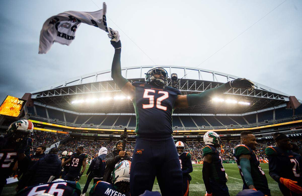 Seattle Dragons linebacker Kyle Queiro during an XFL game against the Tampa Bay Vipers on Feb. 15, 2020.