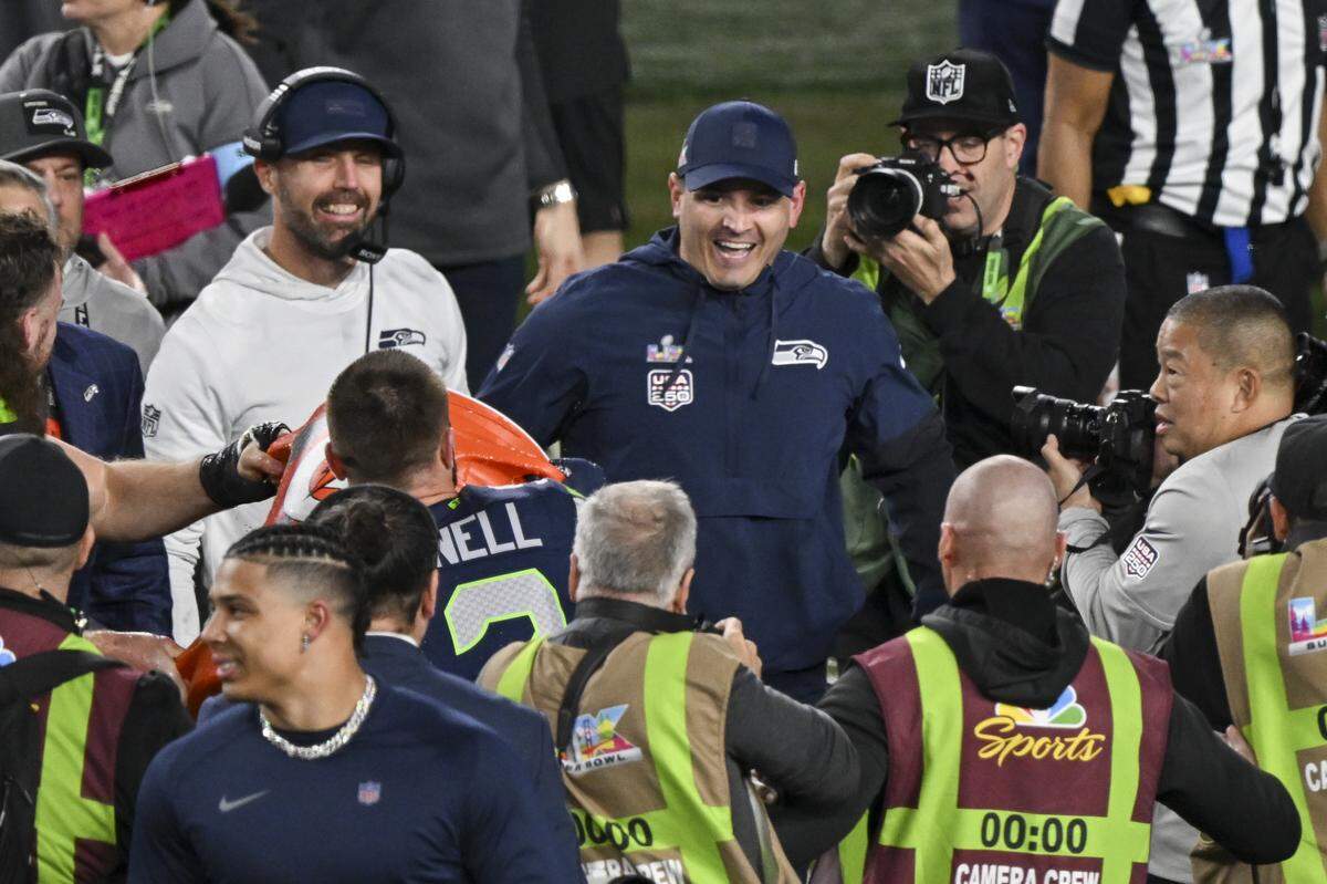 Seattle Seahawks head coach Mike Macdonald reacts after the Seahawks win Super Bowl LX at Levi’s Stadium in Santa Clara on Sunday, Feb. 8, 2026.