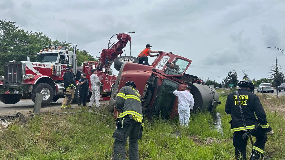 Crews with Central Pierce Fire and Rescue were on scene to a rollover collision involving a pavement sealant truck that blocked eastbound traffic on State Route 512 at Meridian Ave. E on May 15, 2025.