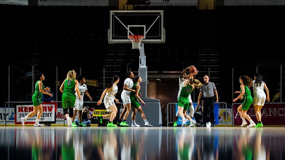 Kentridge’s Jordyn Jenkins (32) blocks a shot by Woodinville’s Mia Hughes (24) in the first quarter. Kentridge played Woodinville in a basketball game at the Showare Center in Kent, Wash., on Monday, Jan. 21, 2019.