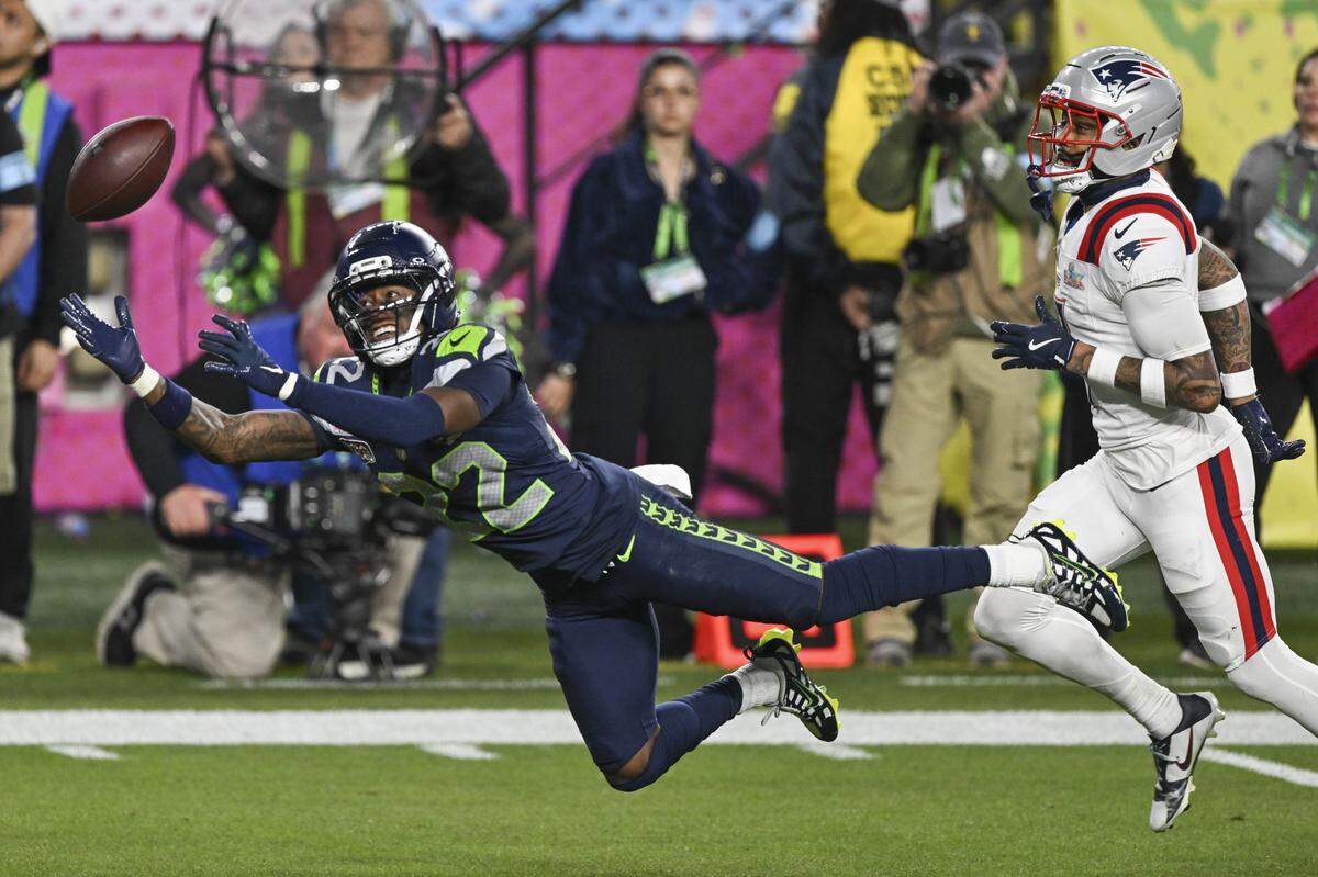 Seattle Seahawks wide receiver Rashid Shaheed (22) goes for a catch during Super Bowl LX at Levi’s Stadium in Santa Clara on Sunday, Feb. 8, 2026.