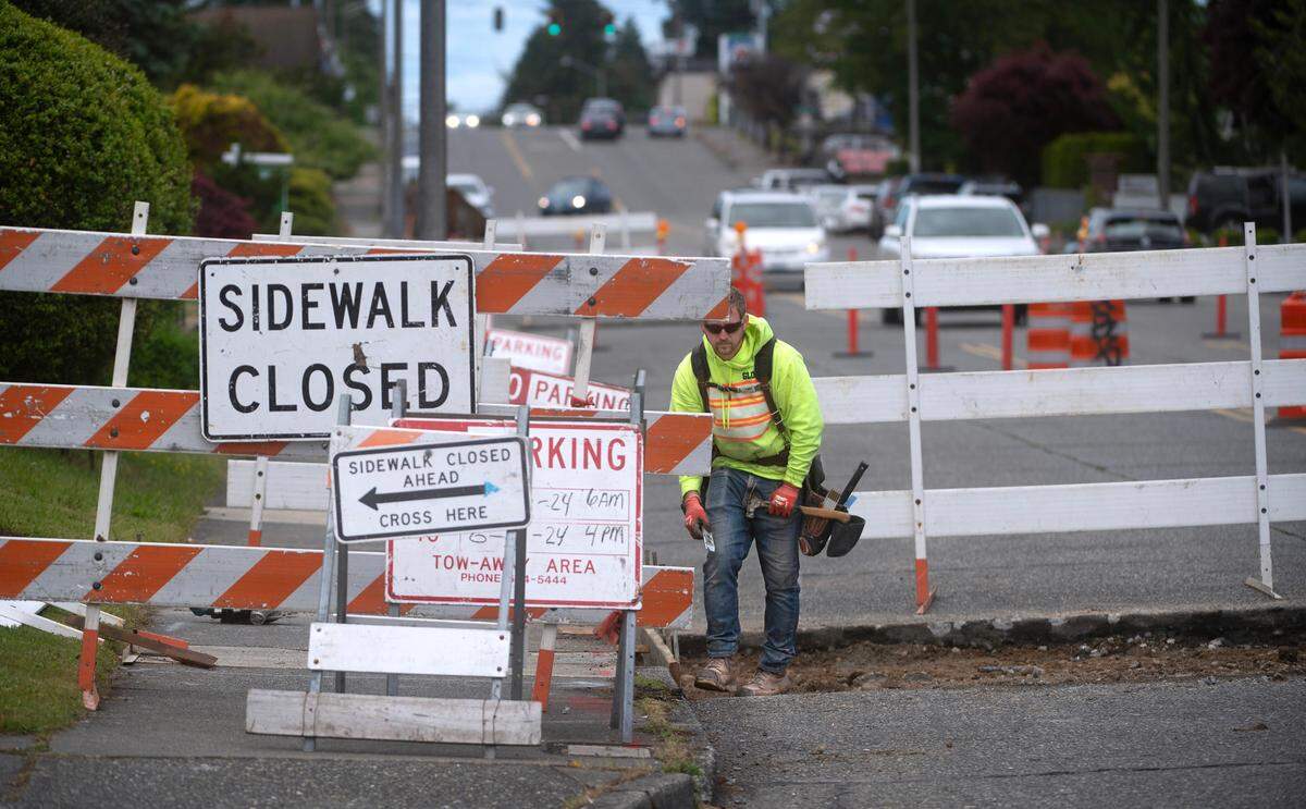 A road work project on 6th Avenue and Madison Street in Tacoma, shown on May 28, 2024.