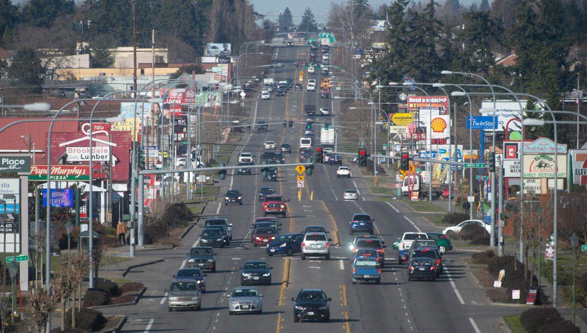 Traffic flows on Highway 7 though Parkland, Washington, , looking north, on Wednesday, Feb. 23, 2022. The unicorporated area is being considered for consolidation with Spanaway, Fredrickson and neighboring communities into one large city.