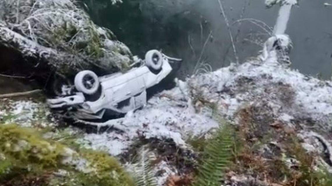 A driver was rescued from a pickup truck after it plunged off a nearly 100-foot cliff to the shore of the Kalama River in Washington, rescuers say.