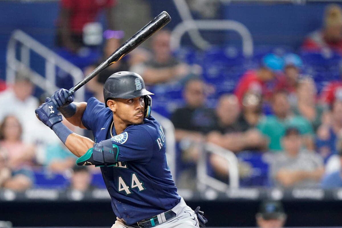 Seattle Mariners’ Julio Rodriguez bats during the eighth inning of a baseball game against the Miami Marlins, Sunday, May 1, 2022, in Miami. (AP Photo/Wilfredo Lee)
