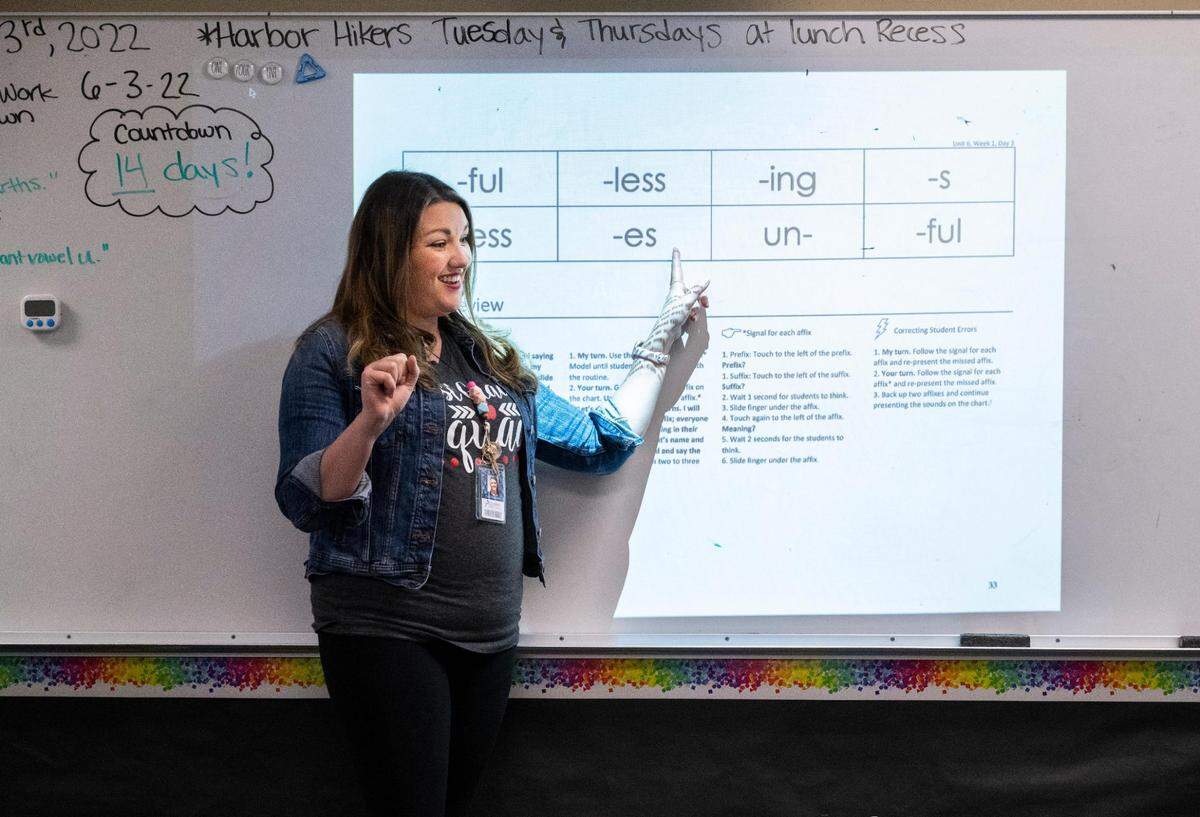 Tracy Morrison teaches Enhanced Core Reading Instruction training (ECRI) to her first grade class at Harbor Heights Elementary in Wollochet, Wash. on Friday, June 3, 2022.