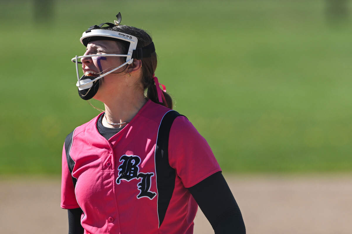 Bonney Lake pitcher Aspyn Evanson reacts to a strike against Lincoln during the softball game at Bonney Lake High School, on Thursday, April 18, 2024, in Bonney Lake, Wash.