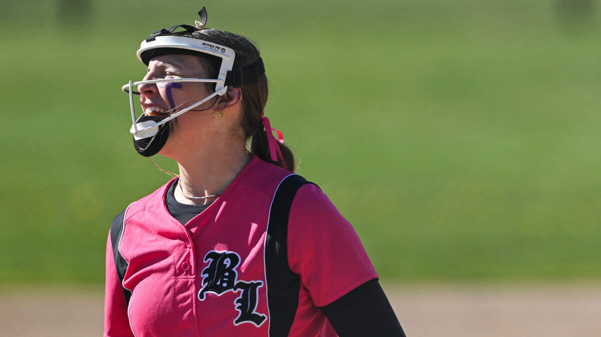 Bonney Lake pitcher Aspyn Evanson reacts to a strike against Lincoln during the softball game at Bonney Lake High School, on Thursday, April 18, 2024, in Bonney Lake, Wash.