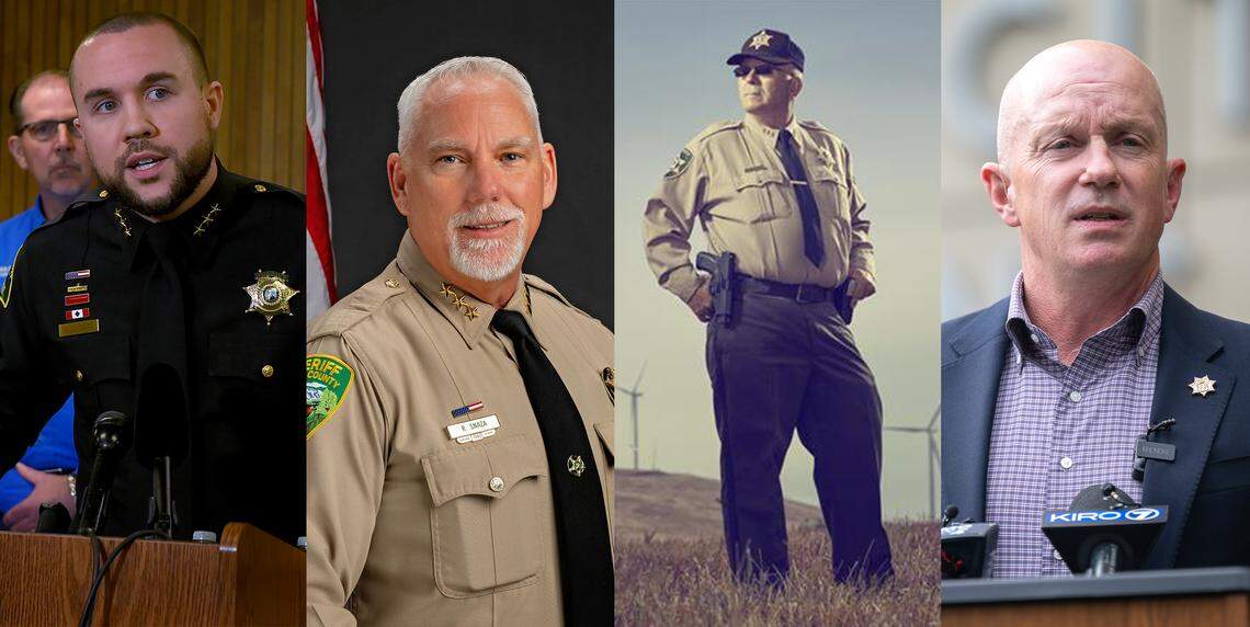 Nearly half of sheriffs in the state have complaints with the Criminal Justice Training Commission, but a few outliers have six or more, seen here in a composite image. From left: Thurston County Sheriff Derek Sanders, who has six cases, Lewis County Sheriff Robert Snaza, who has seven, Klickitat County Sheriff Bob Songer, with eight, and Pierce County Sheriff Keith Swank with 10.