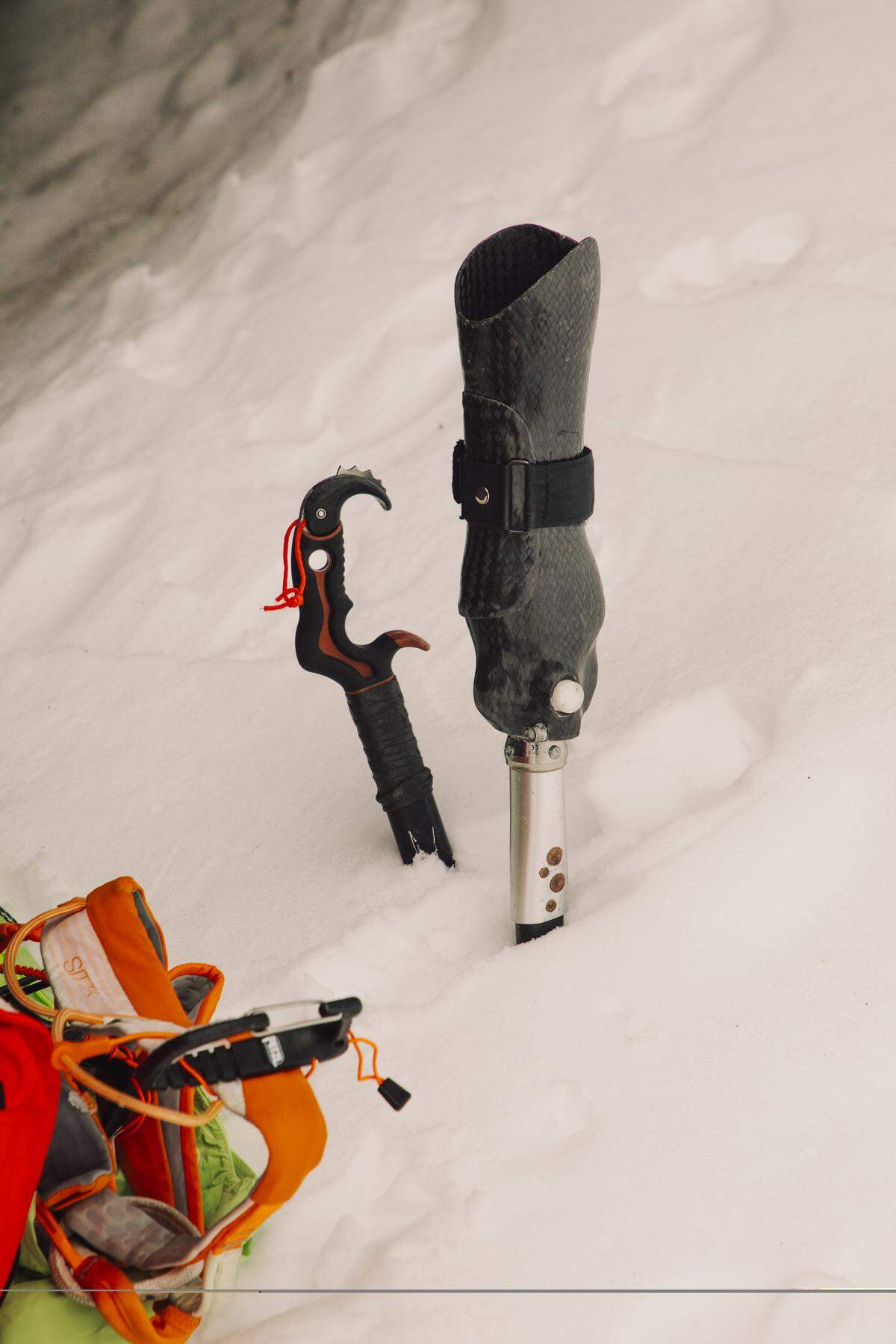A prosthetic ice axe, custom made for Kimber Cross.