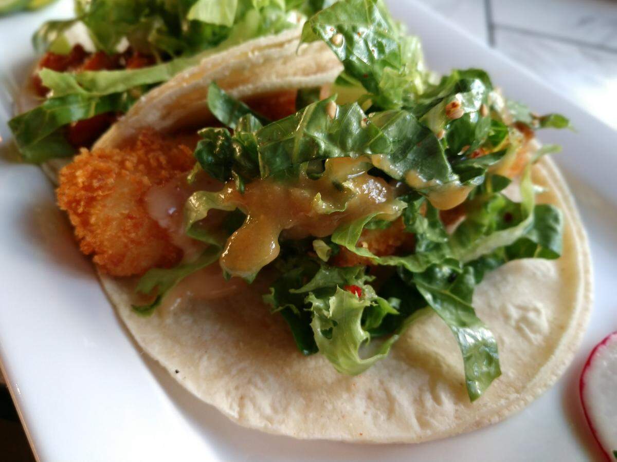 A fried tofu taco from Takos Koreanos.