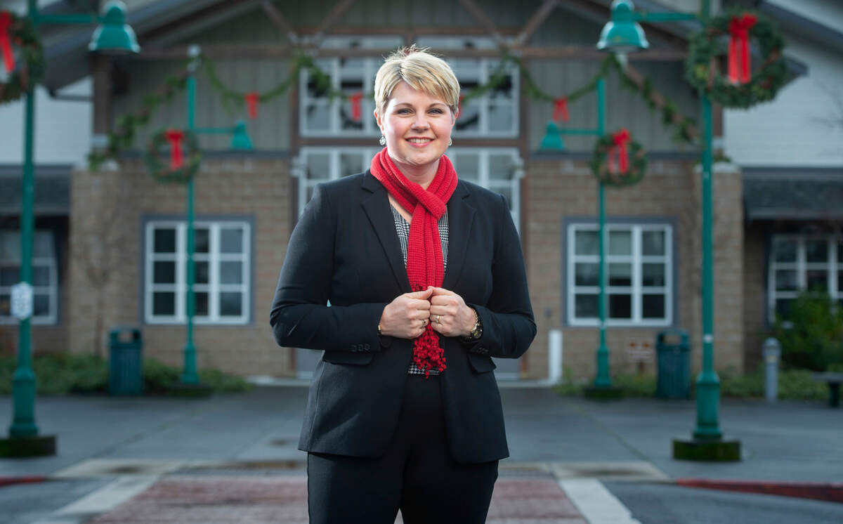 New Gig Harbor mayor Tracie Markley - a 1994 Peninsula High grad - is excited to help led her hometown in a friendly and respectful style. She is photographed outside City Hall in Gig Harbor, Washington, on Friday, Dec. 24, 2021.