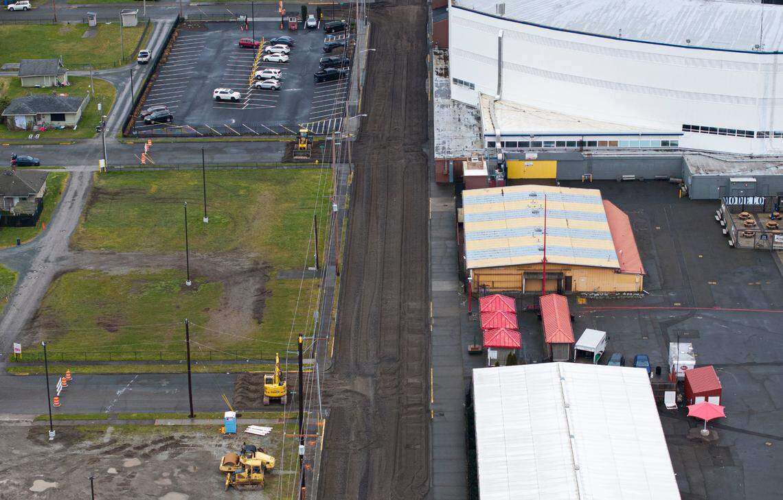 Ninth Street Southwest is closed and under construction behind the Washington State Fairgrounds, on Wednesday, Feb. 5, 2025, in Puyallup.