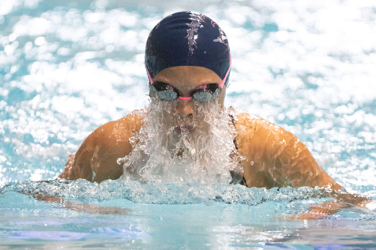 Kennedy Catholic’s Kaitlyn Vu competes in the 100-yard breaststroke at the State 4A Swimming and Diving finals on Saturday, Nov. 12, 2022, at the King County Aquatic Center in Federal Way, Wash. Vu finished in fourth place with a time of 30.65 seconds.