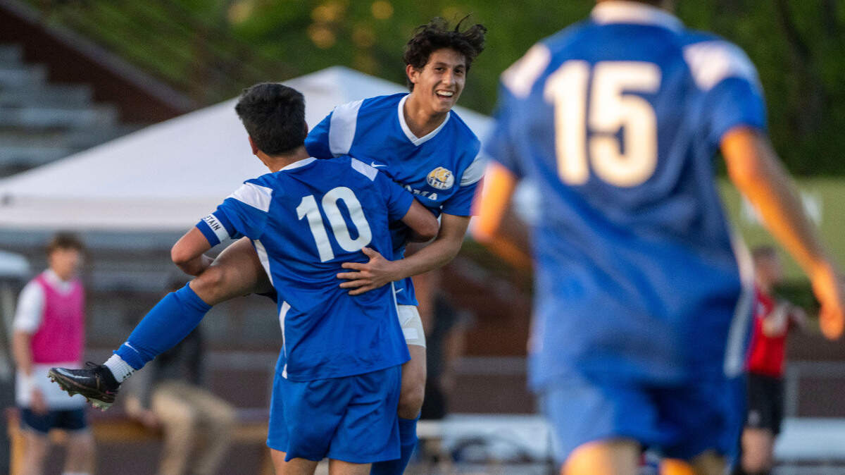 Tahoma’s Ignacio Brandan celebrates with Pablo Flores after Flores scored in the first half of the 4A West Central/Southwest district soccer championship game against Bellarmine Prep on Thursday, May 11, 2023, at Sparks Stadium in Puyallup, Wash.