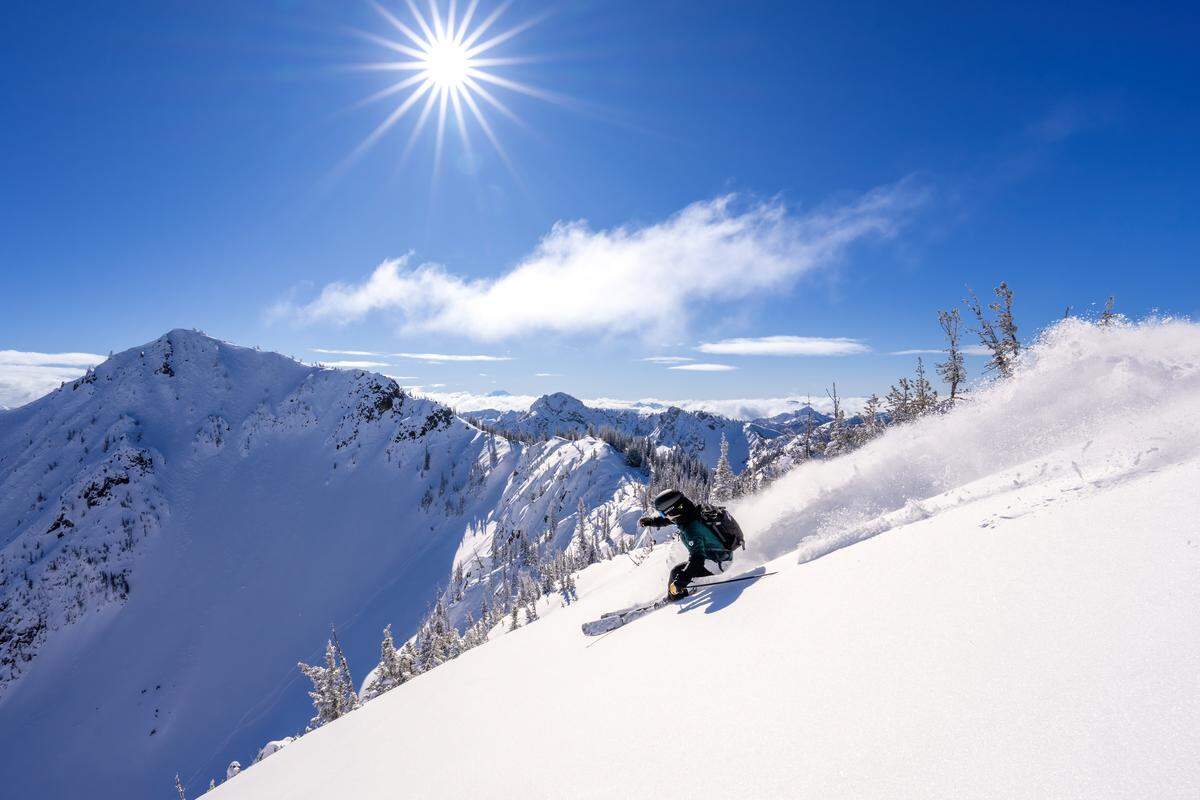 A skier capitalizing on perfect Crystal conditions.