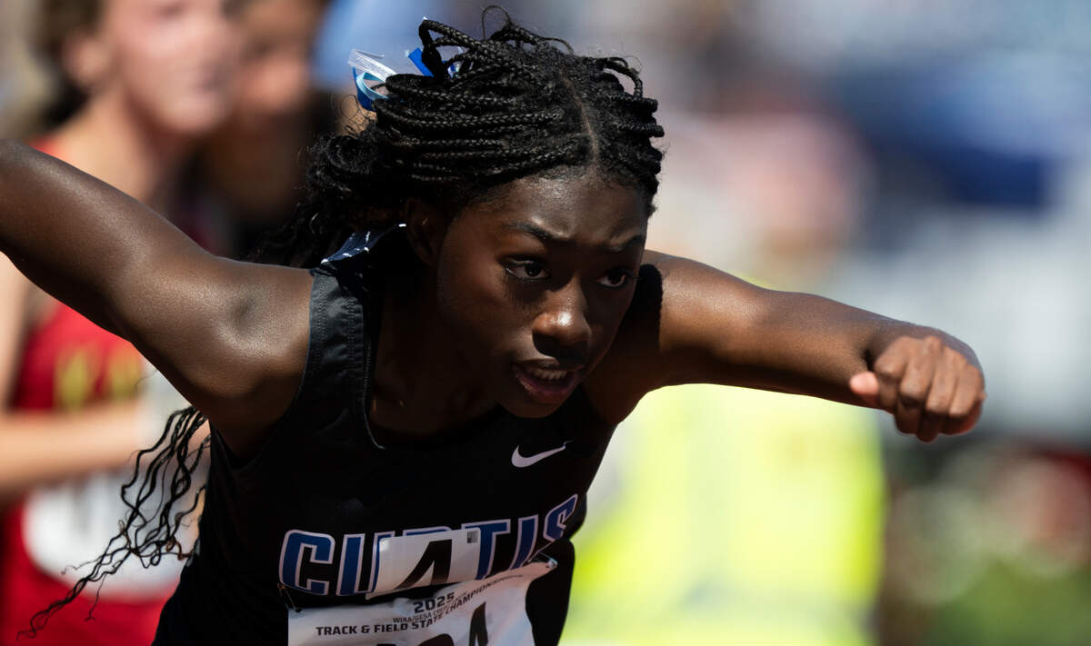 Curtis’s Shelby Duah runs a 15.43 in the 4A 100m Hurledes prelim in the WIAA State Track and Field Championships at Mount Tahoma High School, on Thursday, May 29, 2025, in Tacoma, Wash.
