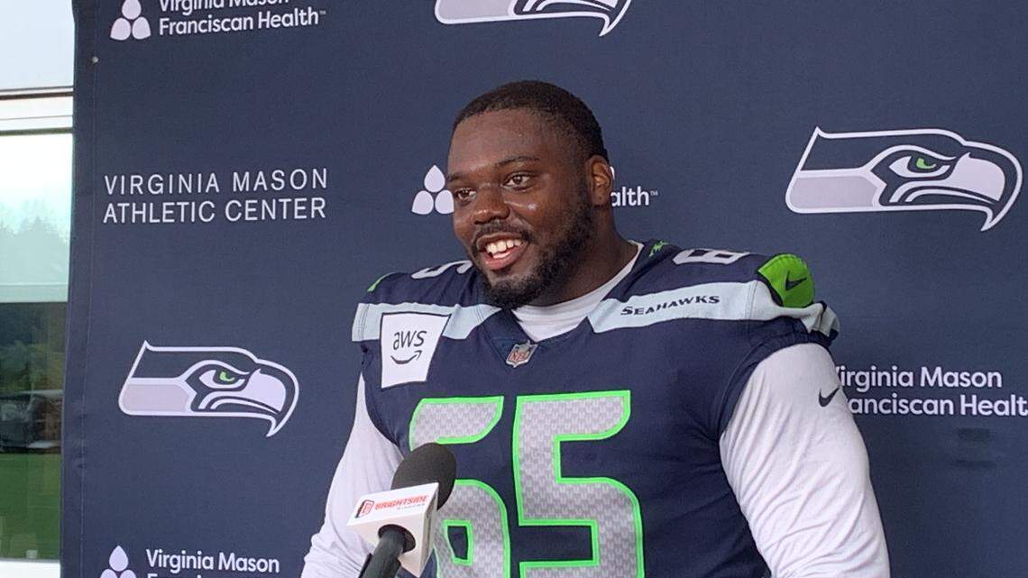 Rookie sixth-round draft choice Michael Jerrell from Division-II University of Findlay beams while talking about making the Seahawks on NFL cut day, Aug. 27, 2024.