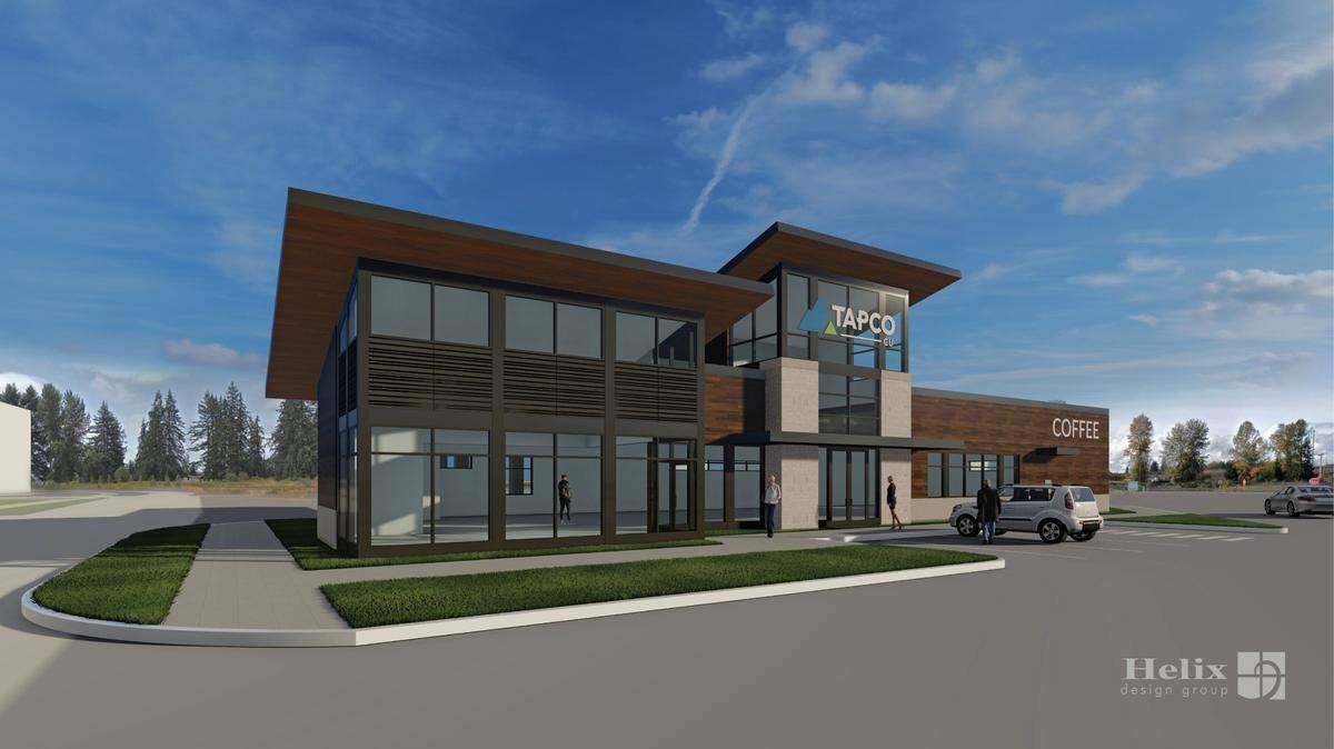 This rendering shows a new TAPCO Credit Union branch, which is planned to open next year at 5320 176th St. E., in the Frederickson area.