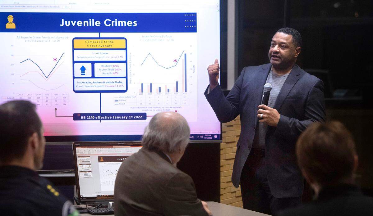 Lakewood police chief Patrick Smith discusses the effects of police reform legislation on crime rates in his community during a public safety forum at City Hall in University Place, Washington, on Wednesday, Nov. 1, 2023.