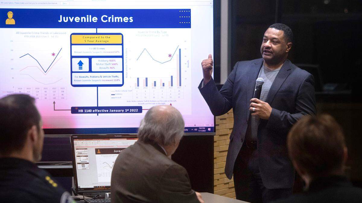 Lakewood police chief Patrick Smith discusses the effects of police reform legislation on crime rates in his community during a public safety forum at City Hall in University Place, Washington, on Wednesday, Nov. 1, 2023. Smith presented the Lakewood Police Department 2023 annual report to the city council on Feb. 12, 2024.