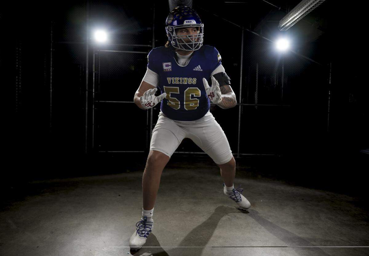 Puyallup junior left tackle Gecova Doyal poses for a portrait after being selected as first-team offense for The News Tribune’s 2025 All-Area football team at Mount Tahoma High School, on Sunday, Dec. 7, 2025, in Tacoma, Wash.