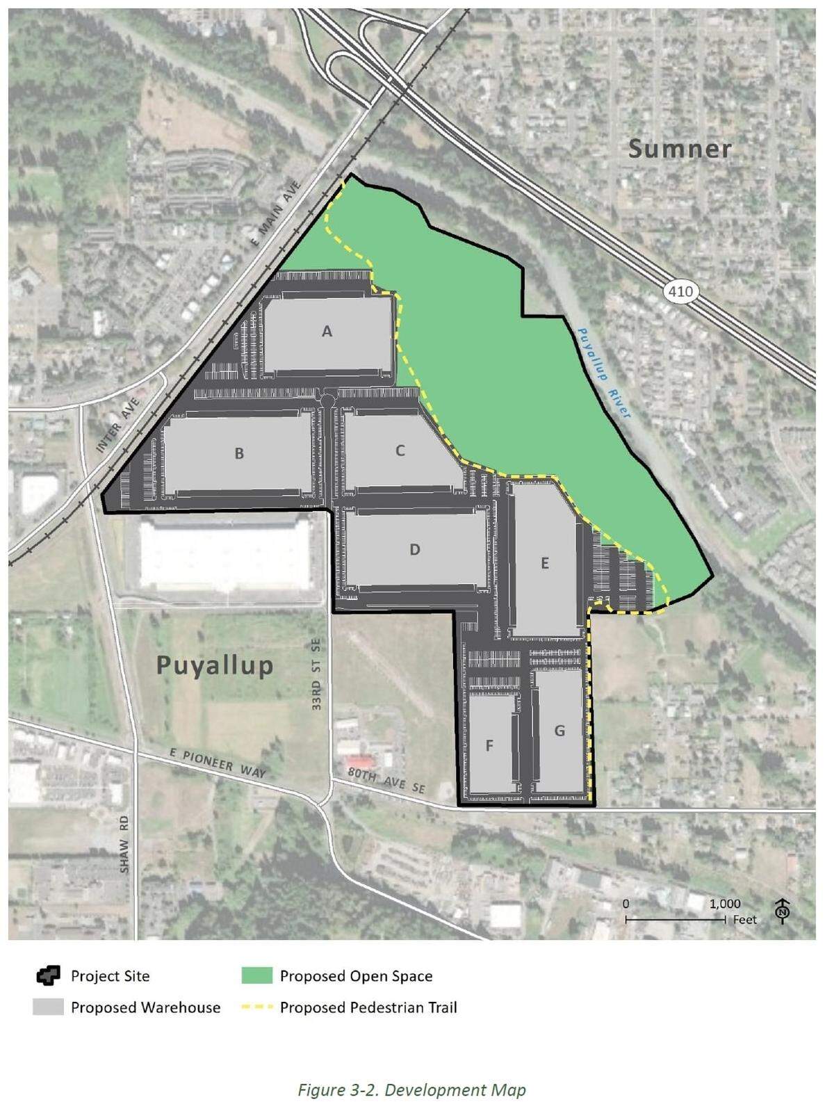 The city of Puyallup released a draft environmental impact statement in December 2023 about the proposed seven-warehouse project that would sit between Shaw Road East and the Puyallup River. The site for the warehouses is within Puyallup’s urban growth area.